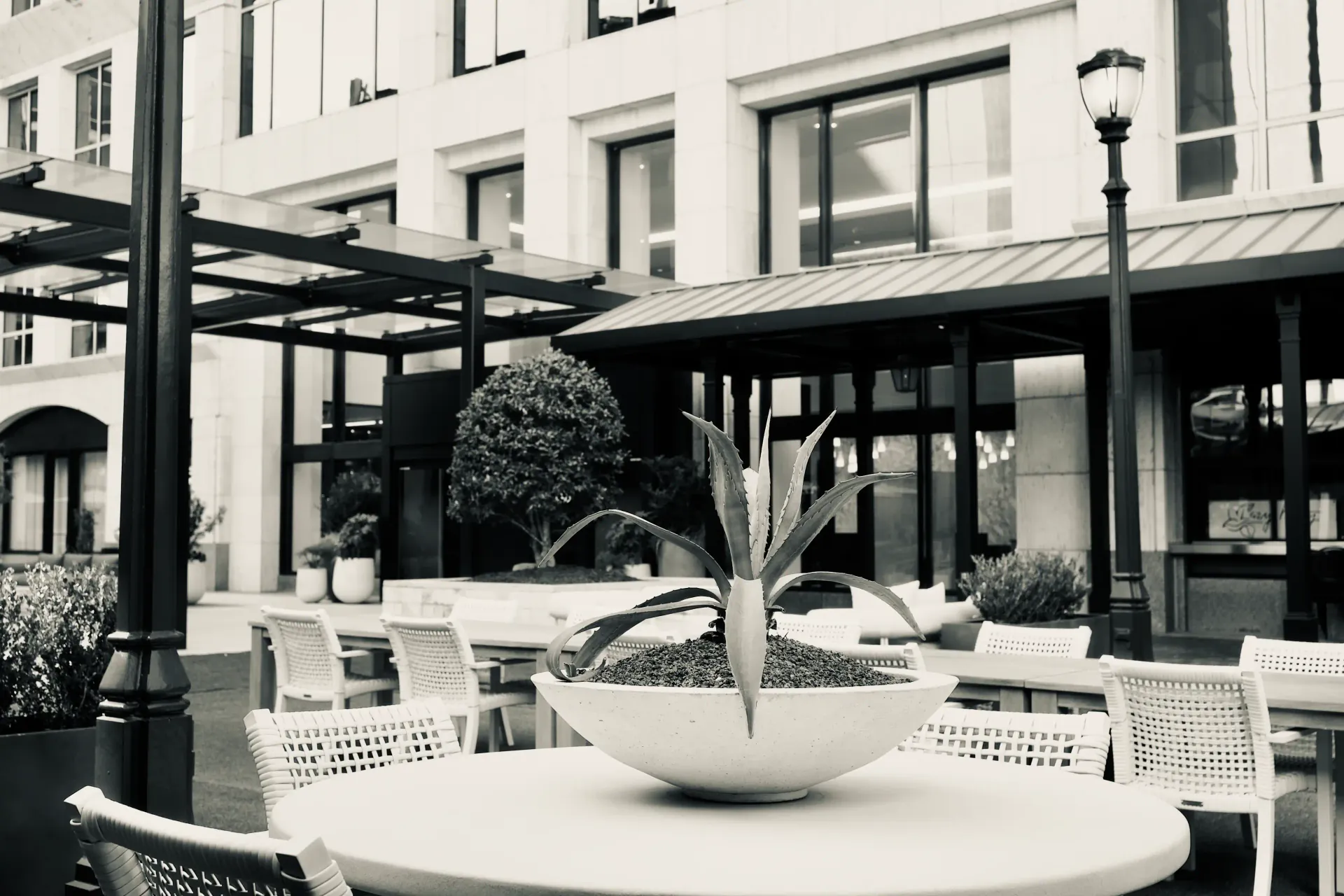 Teams have breaks in the outdoor patio